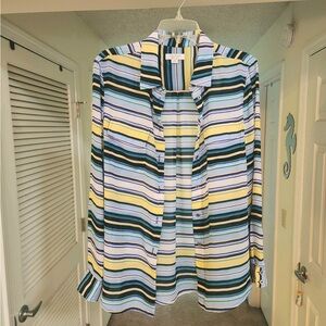 Worn ONCE Nautica sheet striped coastal style blue green yellow stripe sheer